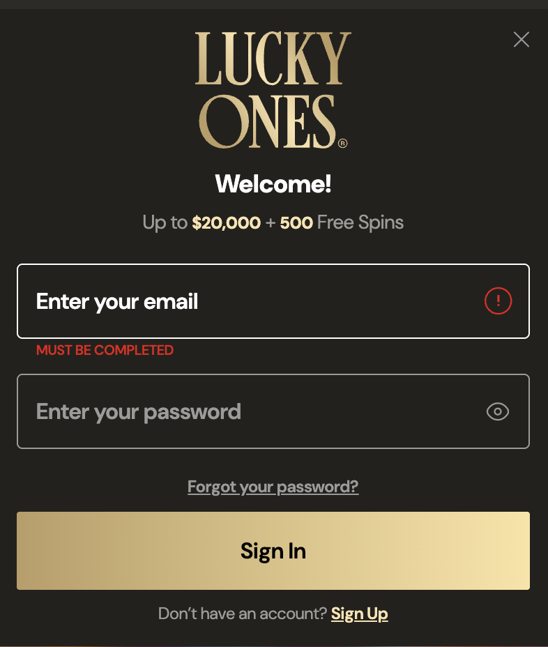 Écran de connexion LuckyOnes Casino avec champs courriel et mot de passe