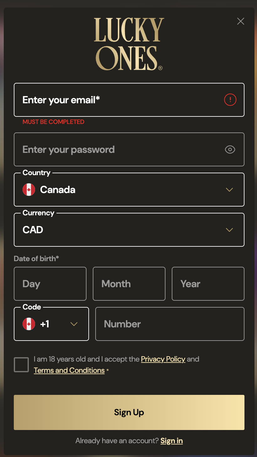 LuckyOnes Casino Canada registration form with CAD currency selected