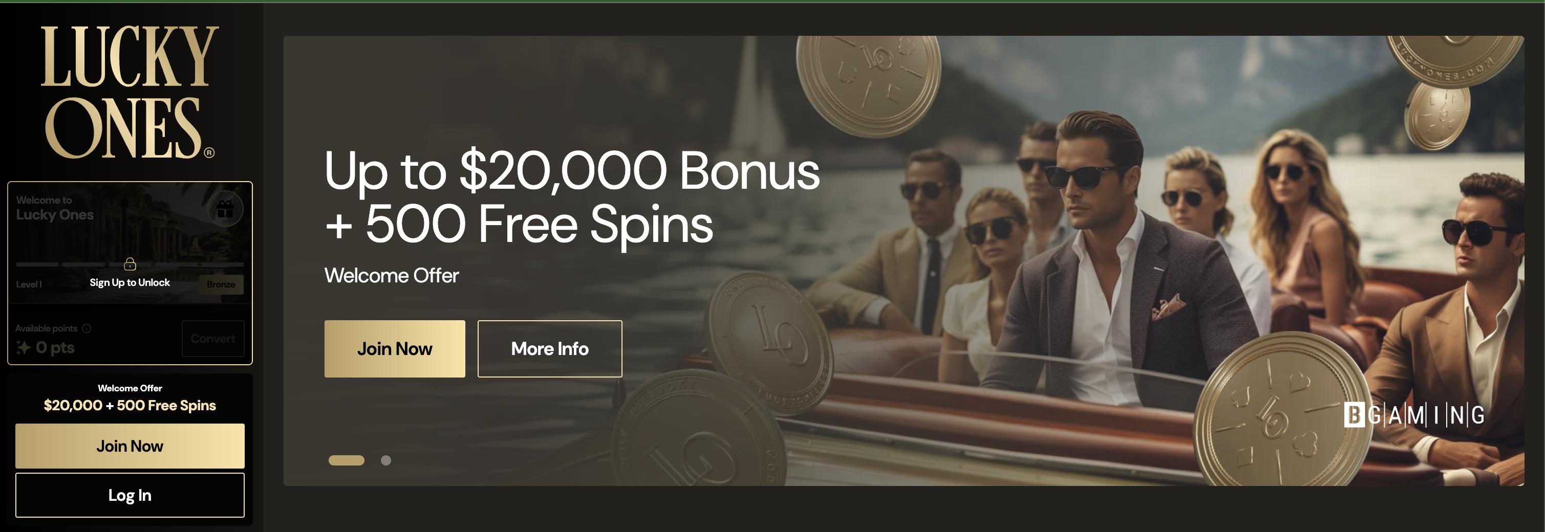 Bannière d'offre de bienvenue LuckyOnes : jusqu'à 20 000 CAD de bonus plus 500 tours gratuits