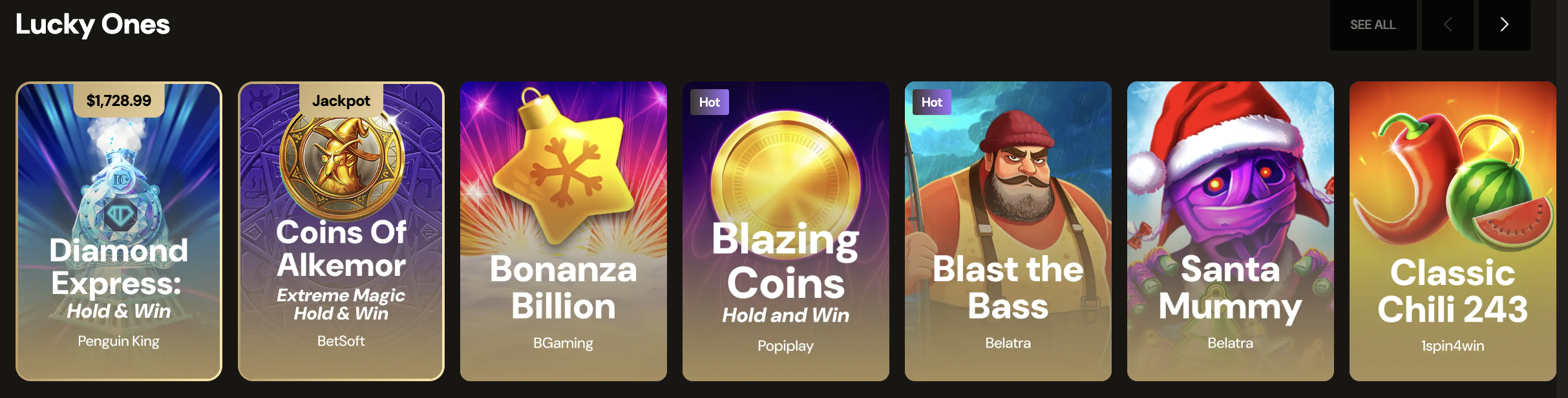 Lobby de jeux Lucky Ones avec titres jackpot et thématiques saisonnières