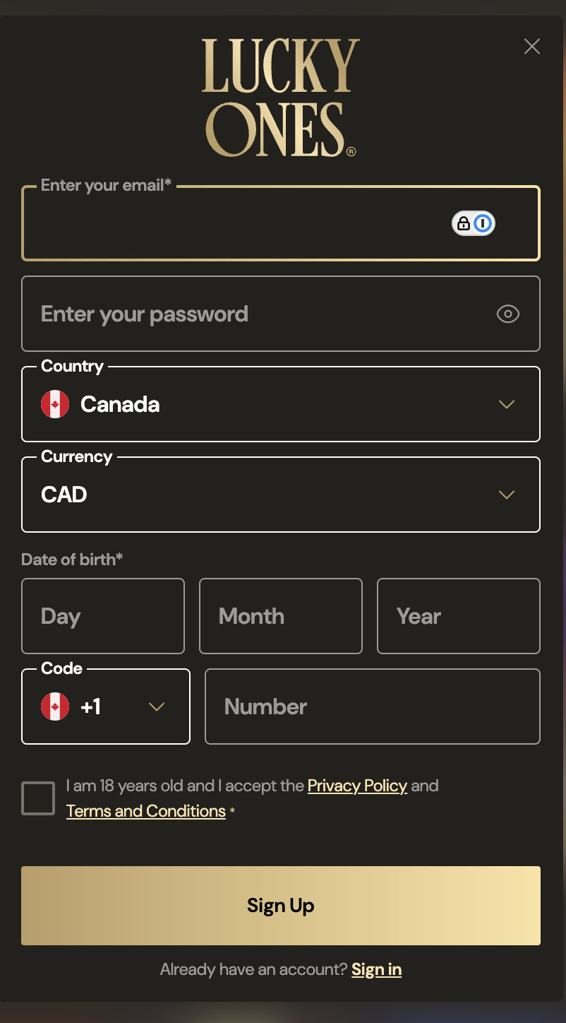 Formulaire d'inscription LuckyOnes Casino avec le Canada et la devise CAD